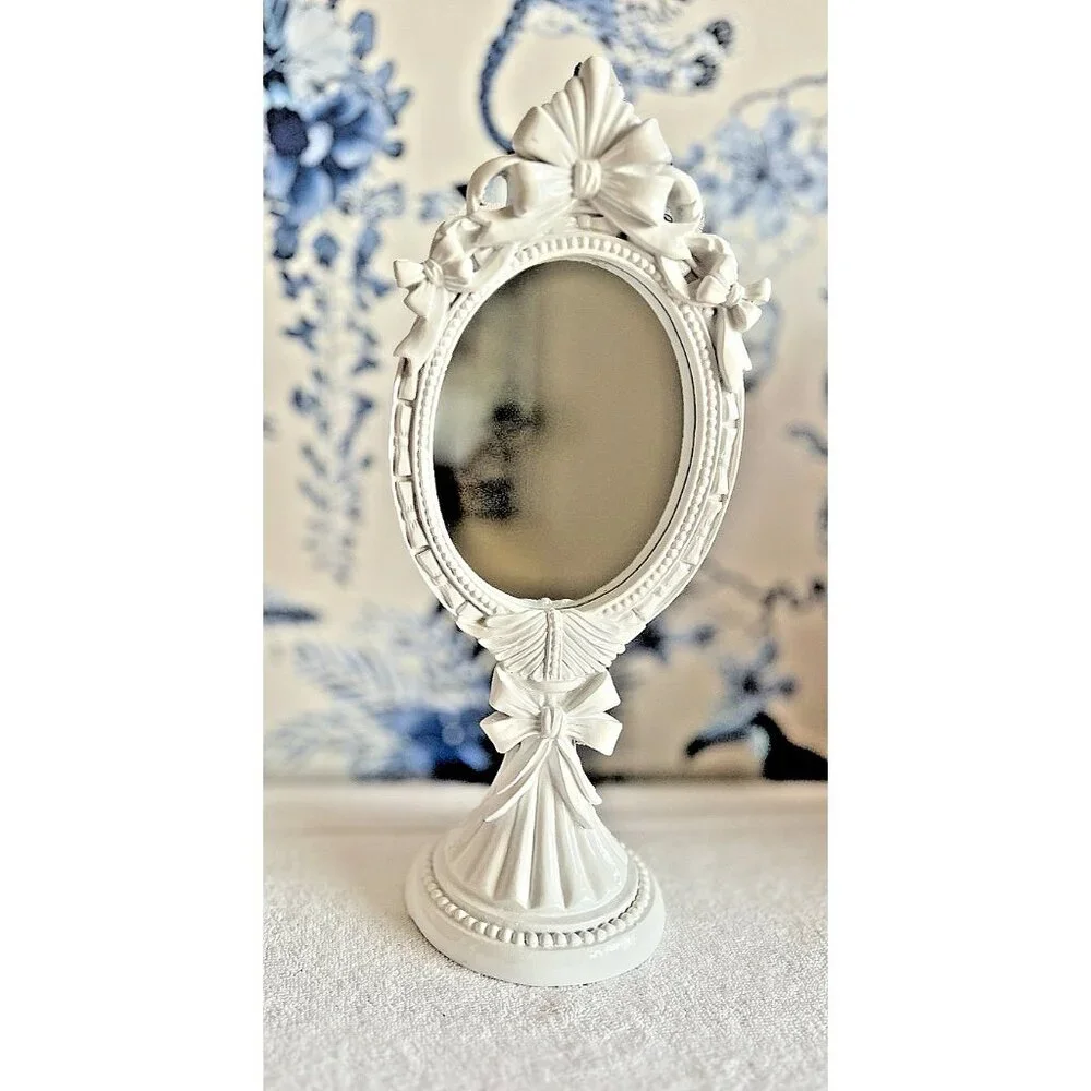 Tabletop Mirror Vanity High Gloss White Bows & Bead Accents 14